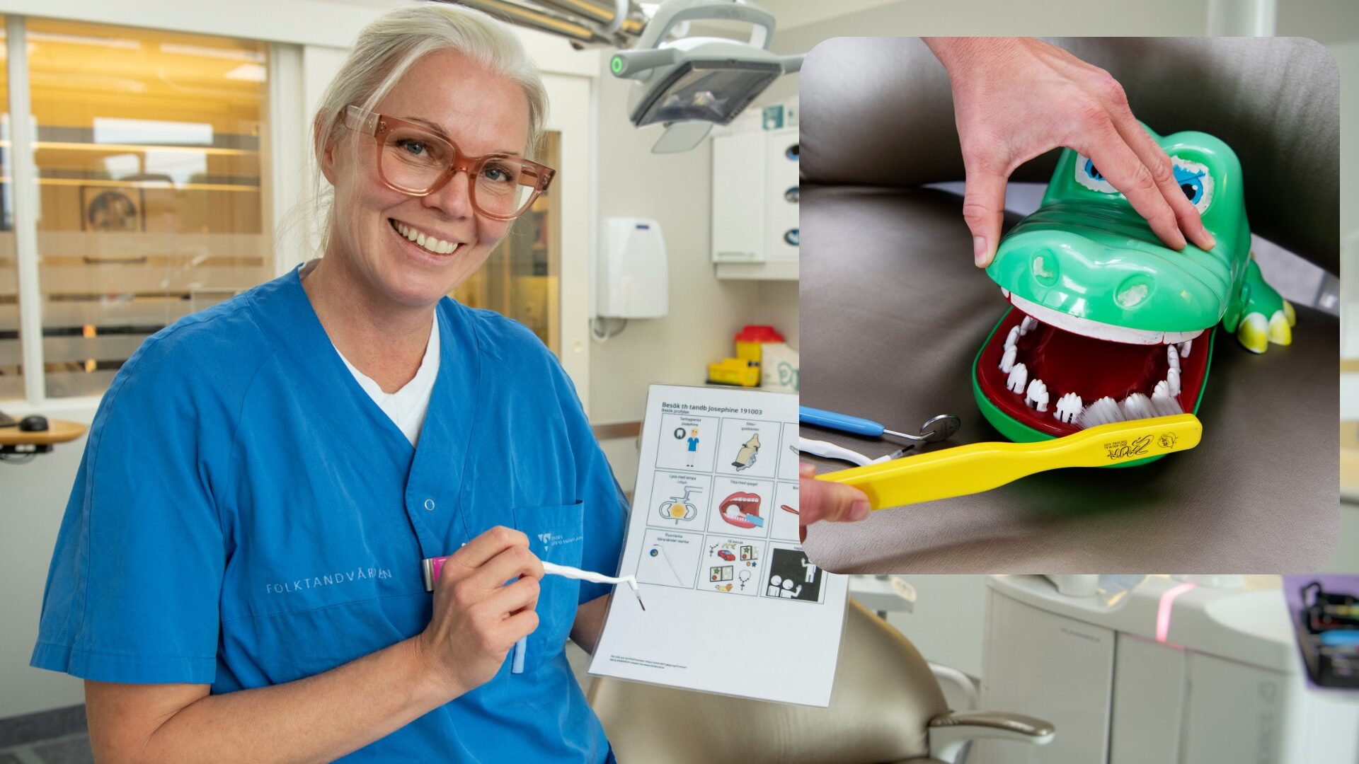 Att använda bildstöd är ett enkelt sätt att visa ett barn vad som ska hända under besöket hos Josephine. Och när Josephine ska visa barn, eller deras föräldrar) hur de ska borsta tänderna, kan hon demonstrera på krokodilen. Foto: Anna Rehnberg
