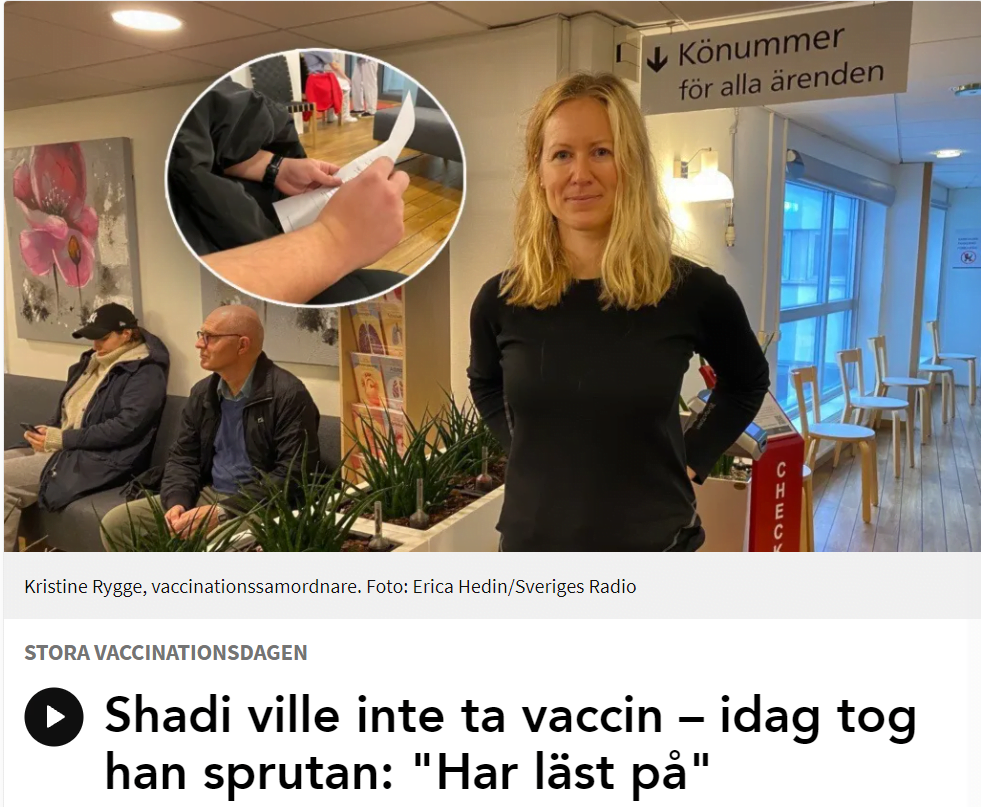 Vaccinationssamordnare Kristine Rygge besökte vaccinatörer under Stora vaccinationsdagen och intervjuades även av flera medier. Bilden är publicerad med tillstånd av SR P4 Göteborg. Foto: Erica Hedin.