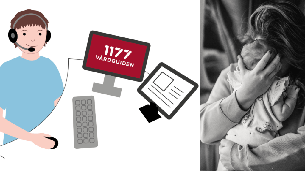 En stiliserad bild av en sjuksköterska med ett telefonheadset och ett foto av en kvinna om håller om ett litet barn.