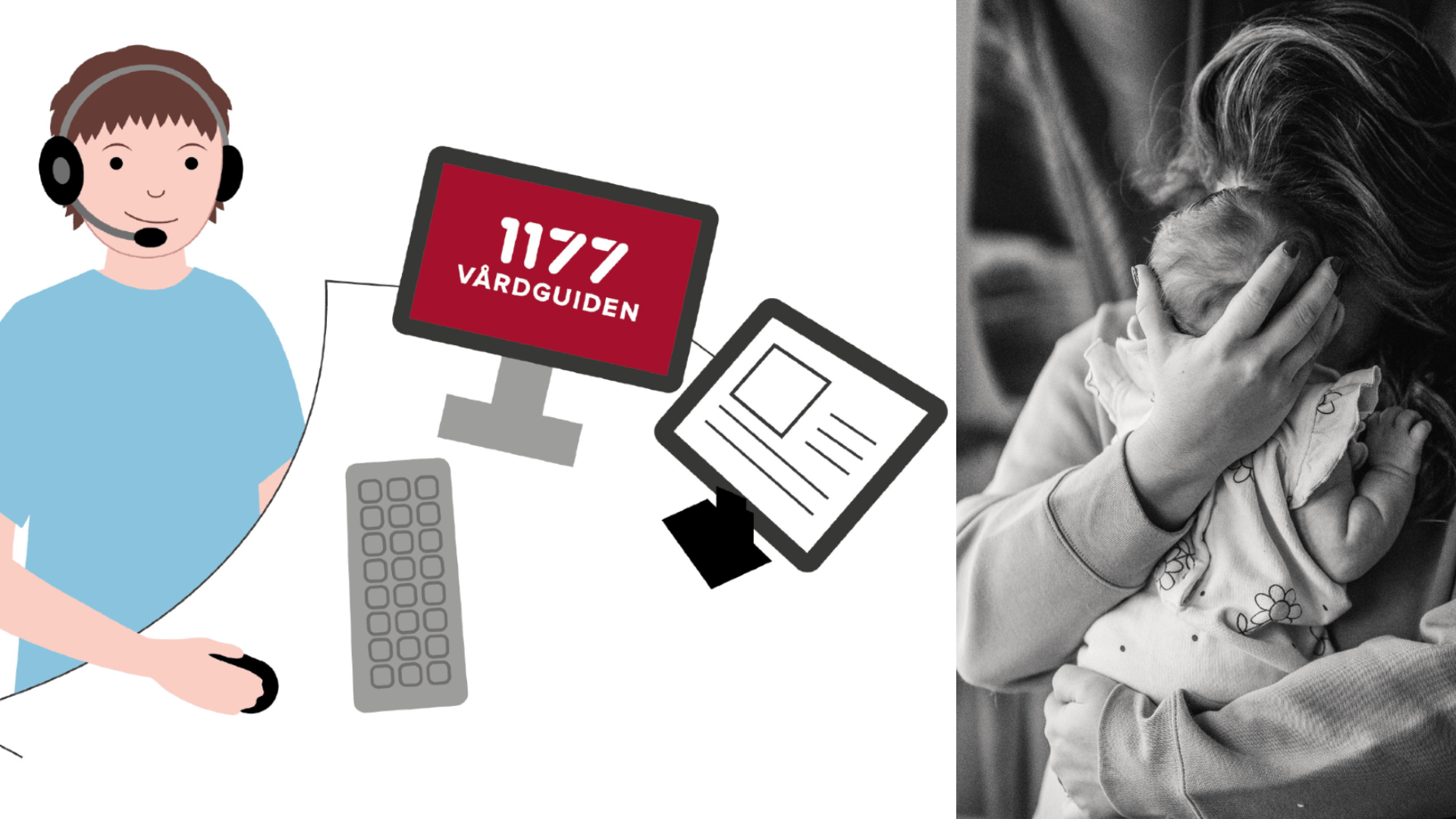 En stiliserad bild av en sjuksköterska med ett telefonheadset och ett foto av en kvinna om håller om ett litet barn.