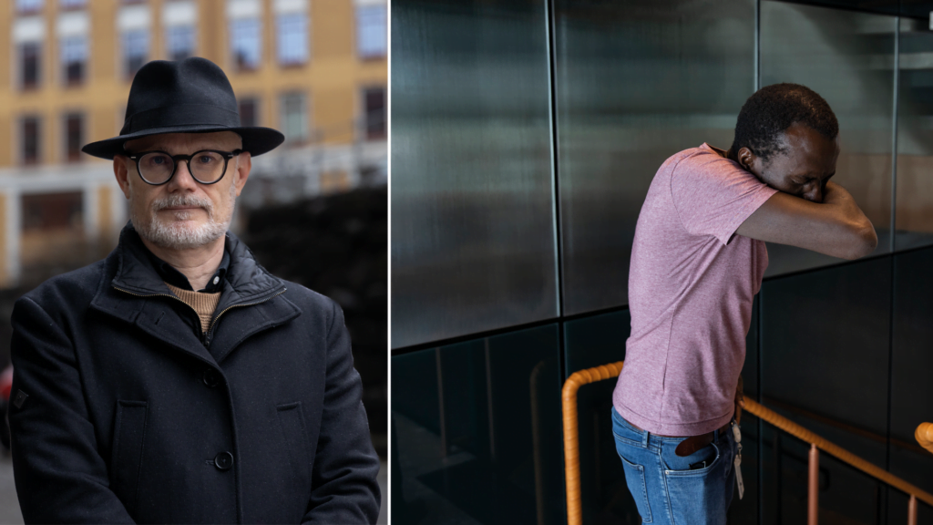 Bild på smittskyddsläakre Thomas Wahlberg och en man som nyser