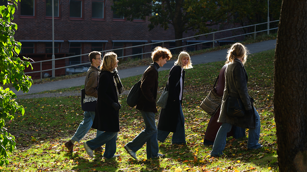 Genrebild. En grupp unga personer går på en gräsmatta.