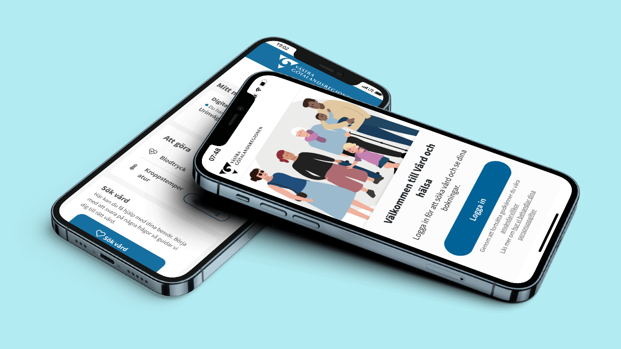 Bild på två mobiltelefoner som visar appen på skärmen