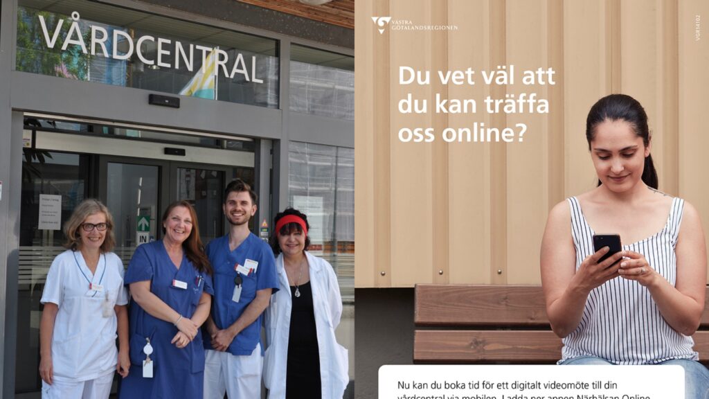 Patienterna är nöjda både med sina fysiska och digitala besök på vårdcentraler i Västra Götaland. Till vänster syns personal på Närhälsan Gamlestaden och information om digitala besök genom Närhälsan online. Undersökningen omfattar både Närhälsan och de privata vårdcentraler som VGR har avtal med. Foto: Camilla Berglund.