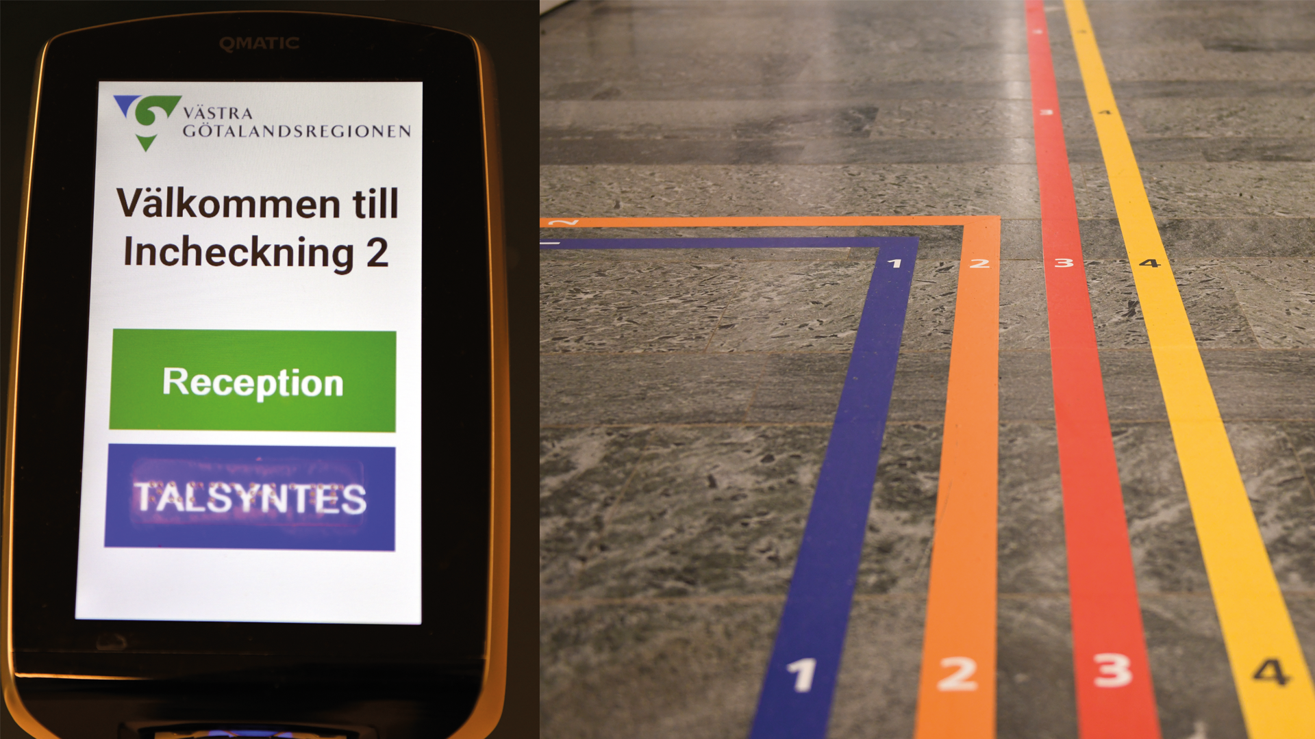 En bild på nummerlappsmaskin som även har en knapp med punktskrift samt en bild på olikfärgade linjer i marken som också försetts med siffror.
