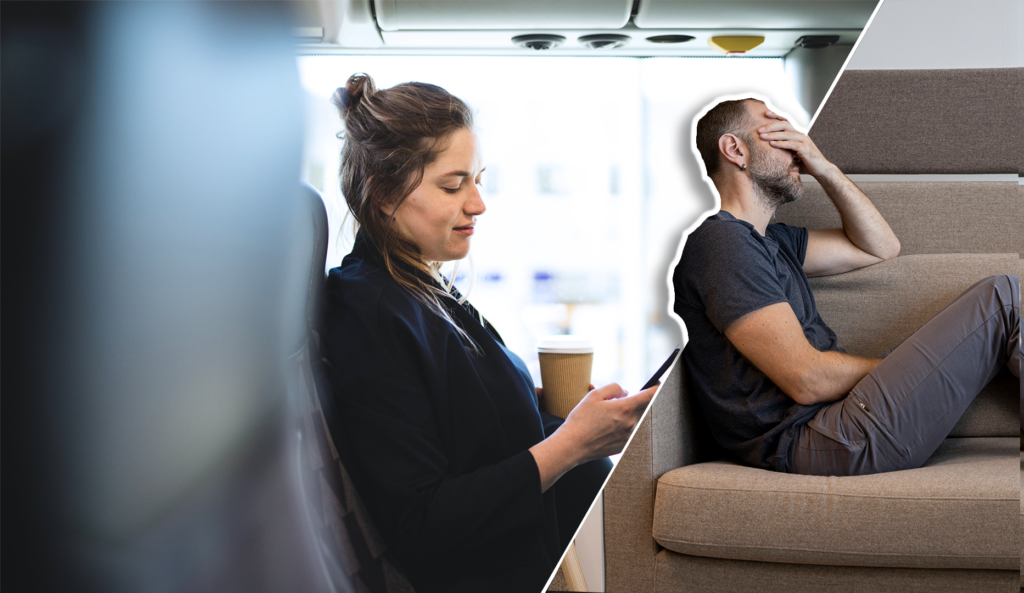 En person sitter med en mobiltelefon och en person ser ut att ha huvudvärk. Bilden ska symbolisera användandet av migränappen.