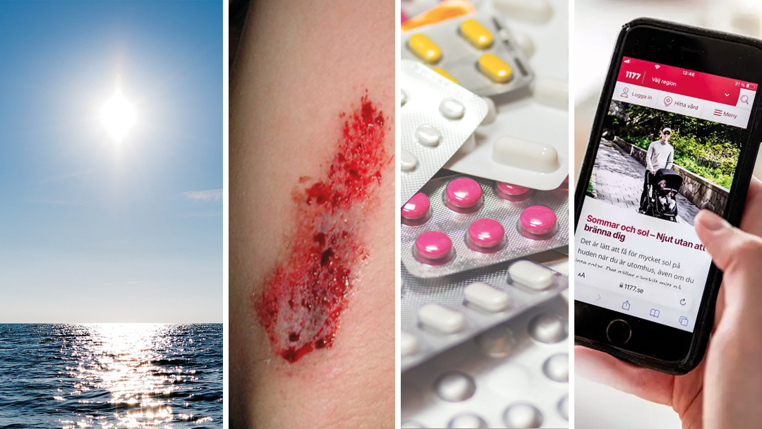Bildcollage som visar sol och hav, skrubbsår, medicin och 1177-appen.