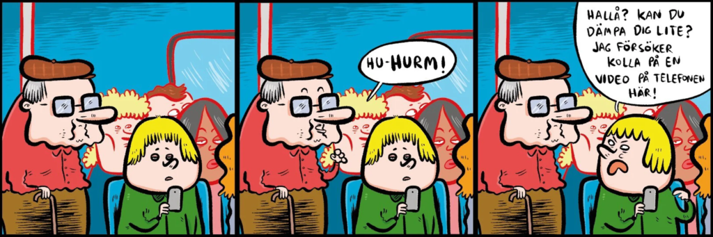 Seriestripp som visar hur en ung person vägrar ge sin plats för äldre.