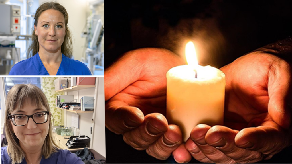 Två porträttbilder och en bild på två händer som håller ett ljus. Bilden symboliserar donation.