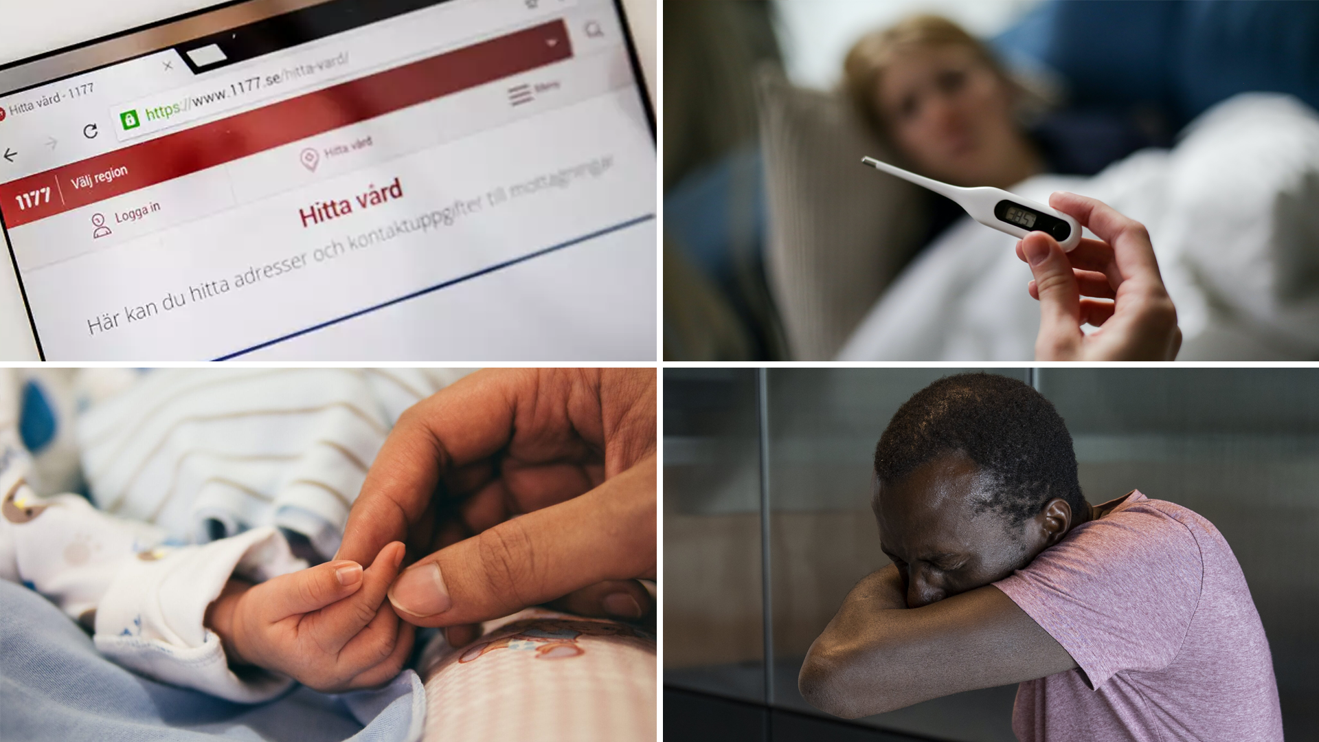 Collage av bilder som ska symbolisera sjuk. En nyser, en febertermometer.
