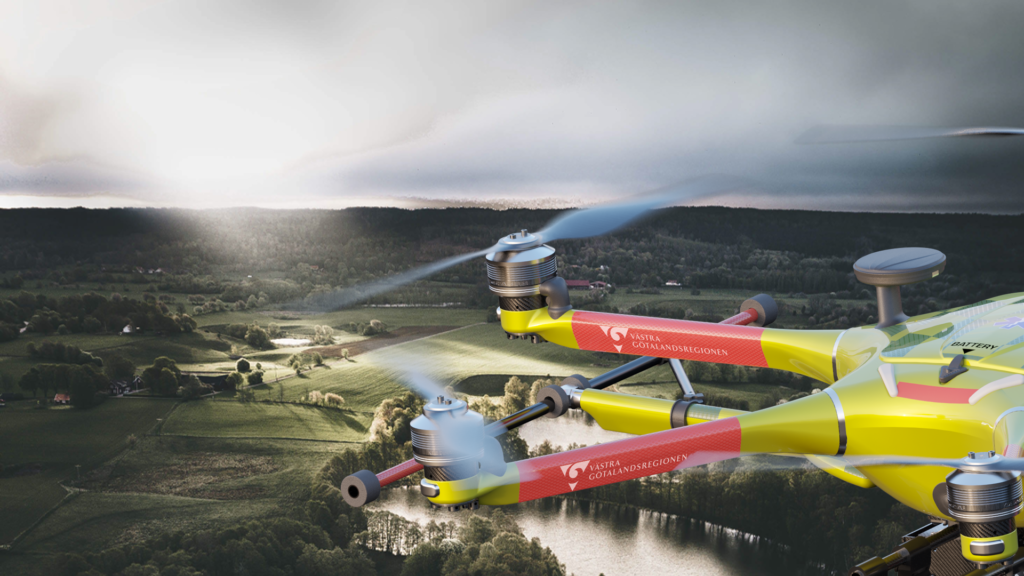 Utsiktsbild över Västra Götaland och en drönare som syns i kanten av bilden.