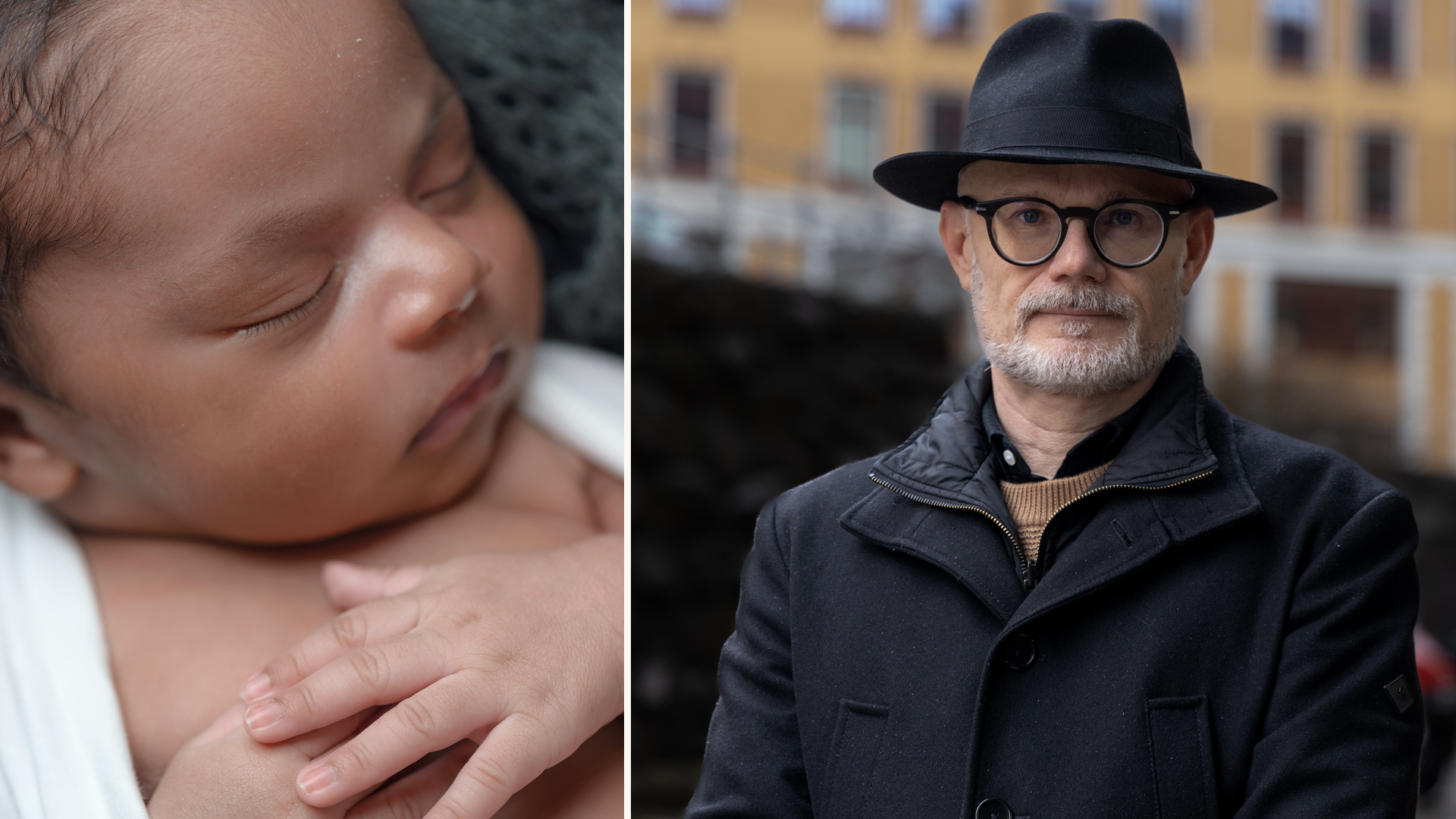 Ett spädabarn och porträttbild på Thomas Wahlberg.